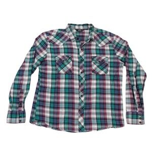 Salt Valley Western Flannel Shirt Men XL Teal Purple Plaid Pearl Snap Cowboycore
